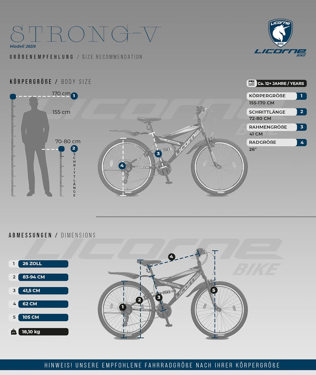 Licorne Bike VTT en V de qualité supérieure de 24 et 26 pouces - Vélo pour garçons, filles, femmes et hommes - 21 vitesses - Suspension complète