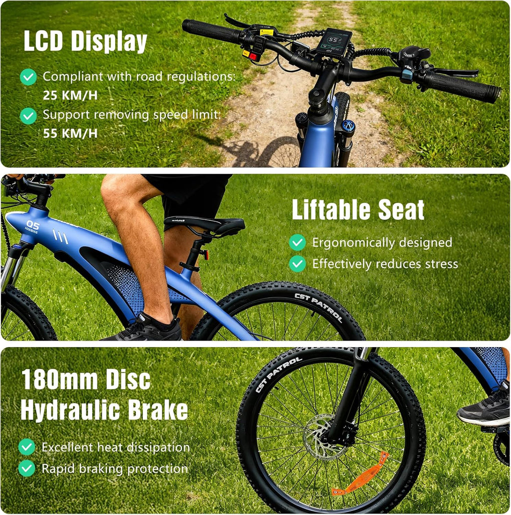 HX Q5 Vélo Électrique pour Adultes, E Bike 27,5 * 2,25'' Tout-Terrain, Jusqu'à 110km, 48V 20Ah Batterie Amovible, Shimano 7 Vitesses, VTT Électrique Homme Femme Fourche Suspendue, Freins Hydrauliques