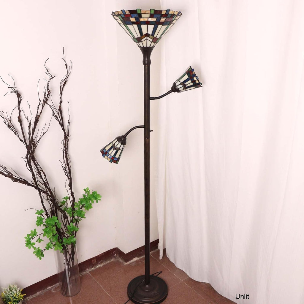 Bieye Lampadaire torche style Tiffany à 3 lumières avec lampes de lecture réglables pour salon, 178 cm de hauteur Blanc, Mission
