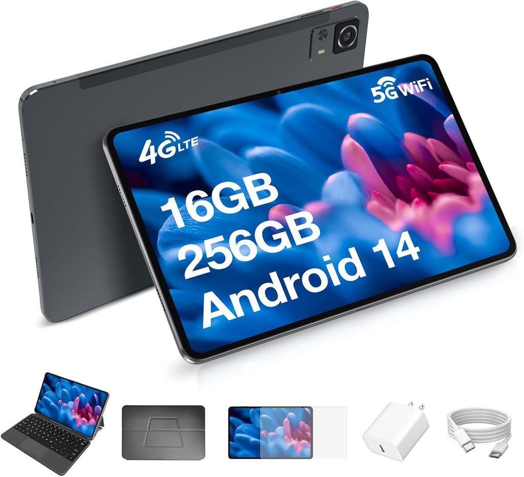 Weelikeit Tablette Android 14 2K FHD 12 Pouces avec Clavier, 4G LTE Double SIM, 16Go RAM + 256Go ROM, Charge Rapide 20W, 8000 mAh/GPS/GMS/OTG/Gris