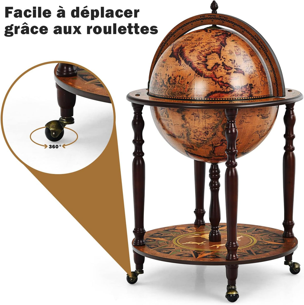 GOPLUS Bar Globe Terrestre Mappemonde à Vin en Bois φ45 CM, Chariot de Bar Forme Globe avec 4 Pieds et 4 roulettes, Porte-Bouteille Bar d’Angle avec Couvercle pour Salon, Salle à Manger (Marron)