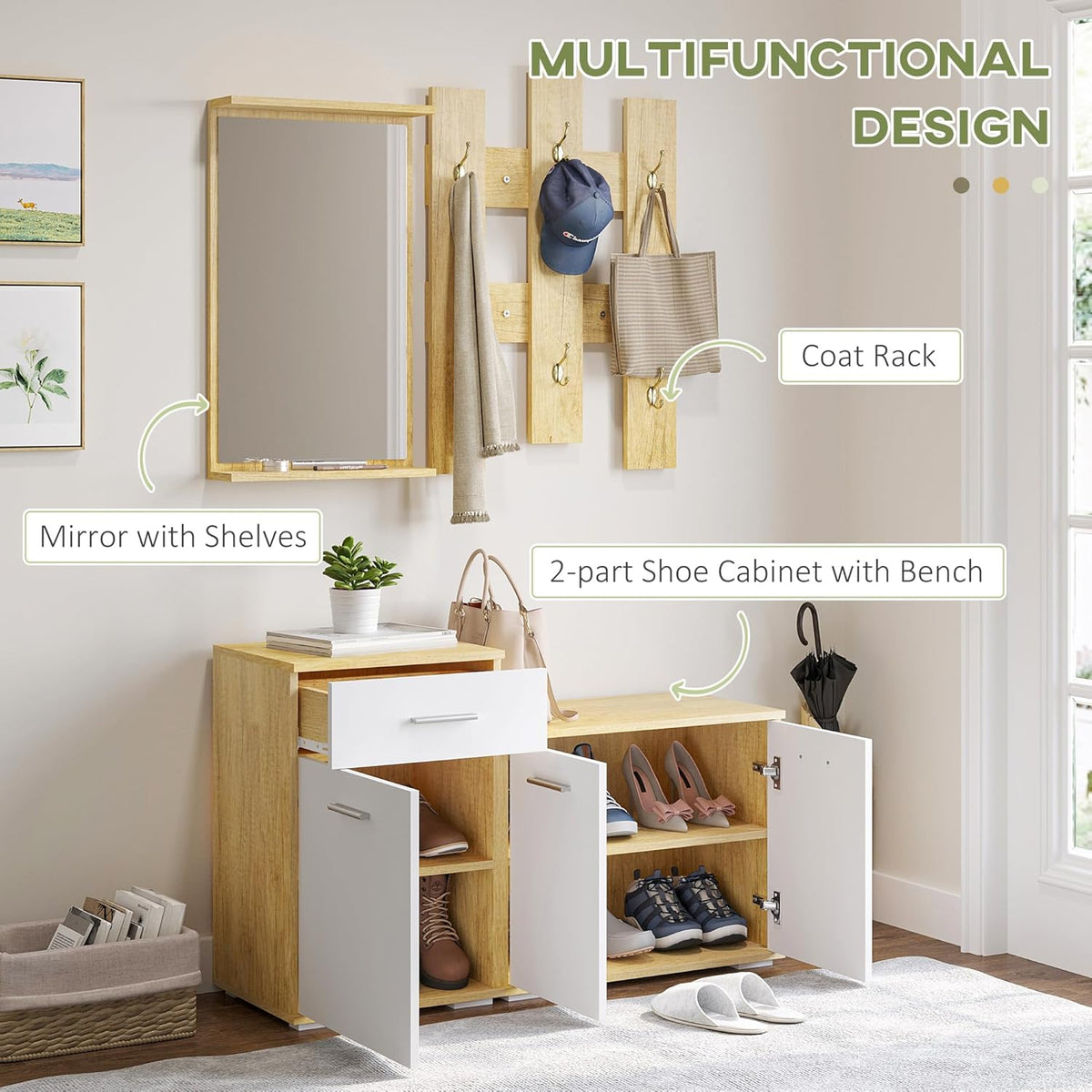 HOMCOM Ensemble d'entrée 3 en 1 avec Cintre, Miroir et Meuble à Chaussures avec Banc en Bois, en Bois et Blanc
