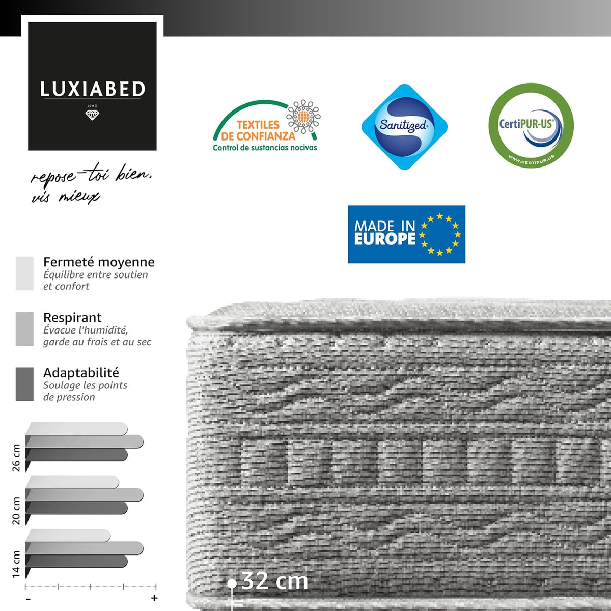 LUXIABED Matelas 200X200 Memoryvex Mousse à Mémoire Réversible Hiver/Été Matrimonial, Anti-Acariens, Hypoallergénique, Respirant, Ferme Moyenne, Modèle RoyalFresh Épaisseur 32 cm