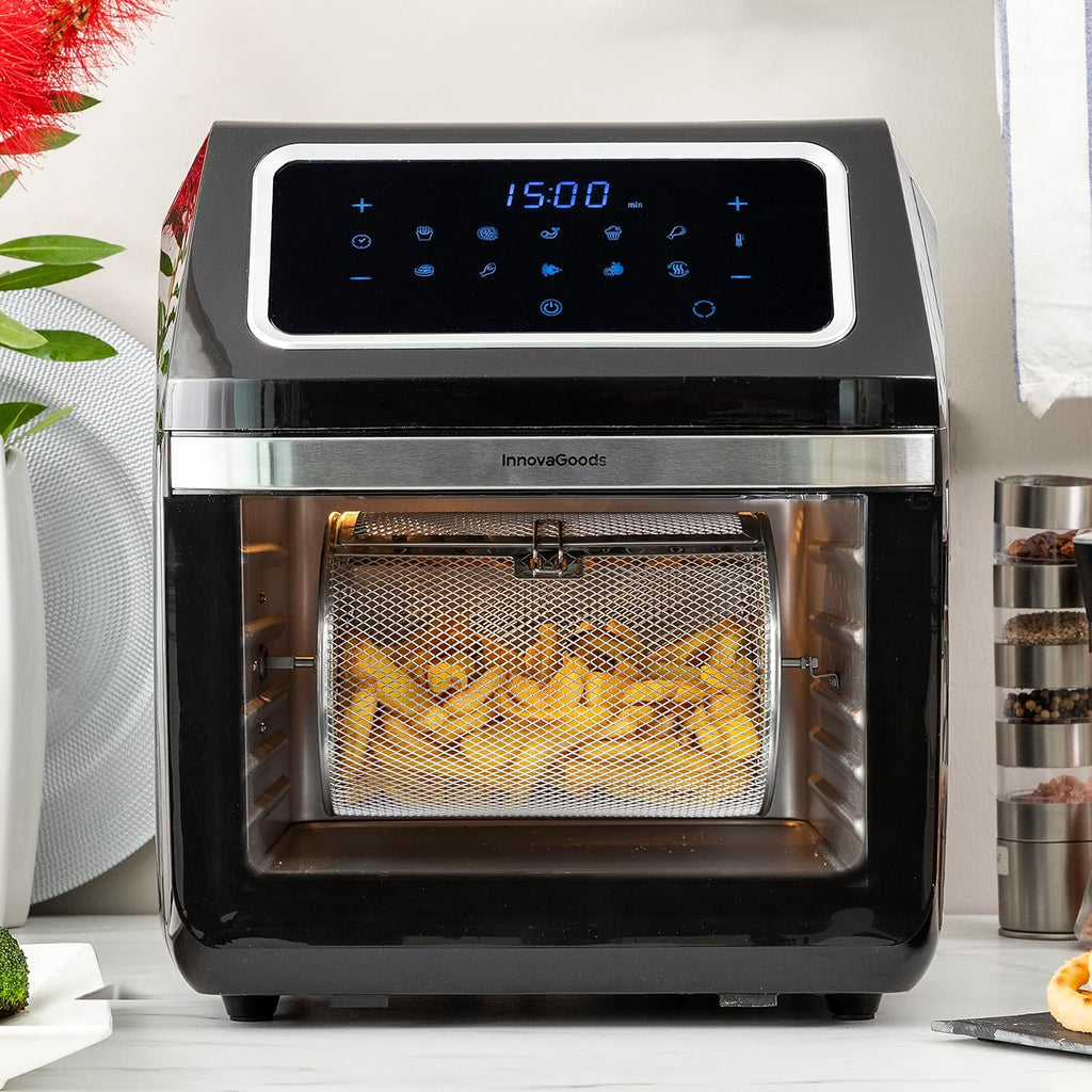 InnovaGoods Air fryer 12L, friteuse sans huile 1800W avec +100 recettes en FR. Friteuse à air avec 8 accessoires, 10 programmes, écran tactile, four à air chaud avec fenêtre et lumière intérieure.