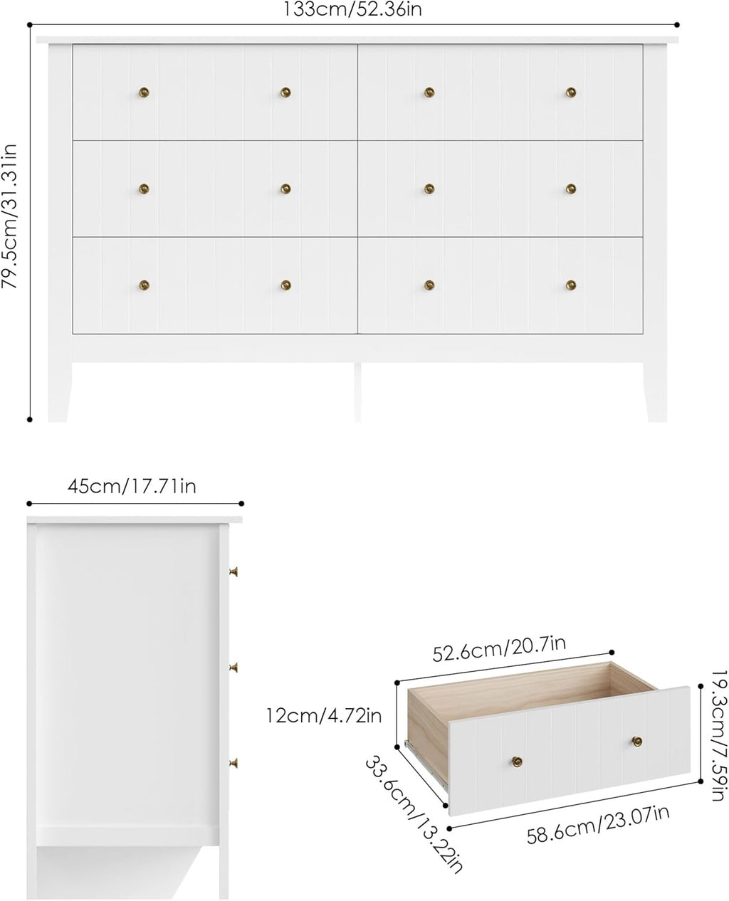 FOREHILL Commode avec 6 Tiroirs Commode Chambre Adulte Grande Commode Blanche Meuble de Rangement pour Salon Moderne en Bois 133x45x79.5cm
