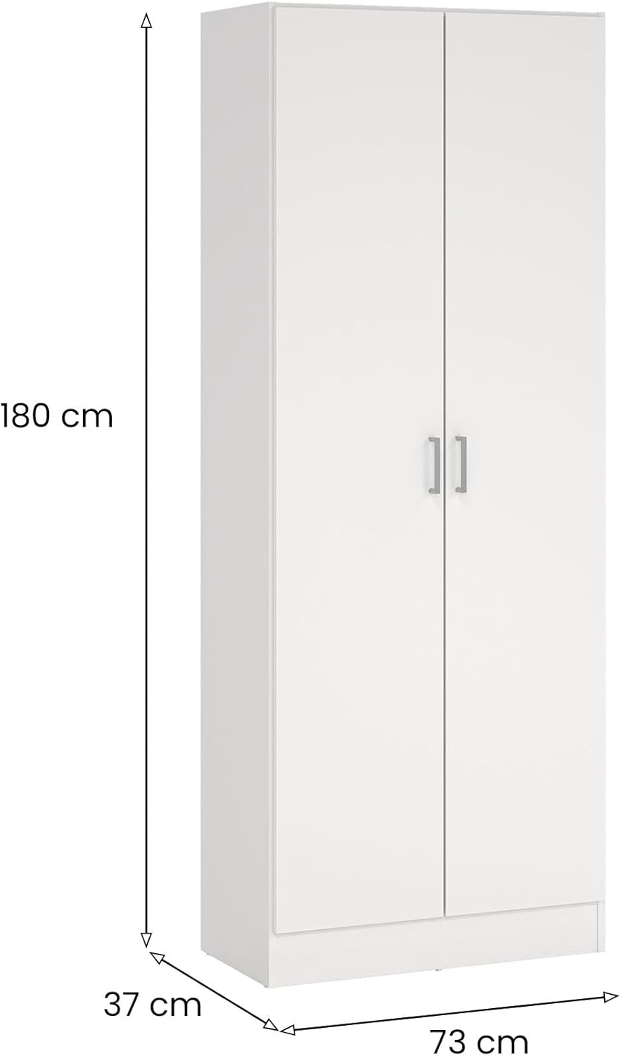 Dmora - Armoire polyvalent Charleston, Armoire à balais avec 2 portes, Étagère à chaussures avec étagères, Placard à balai, 73x37h180 cm, Blanc