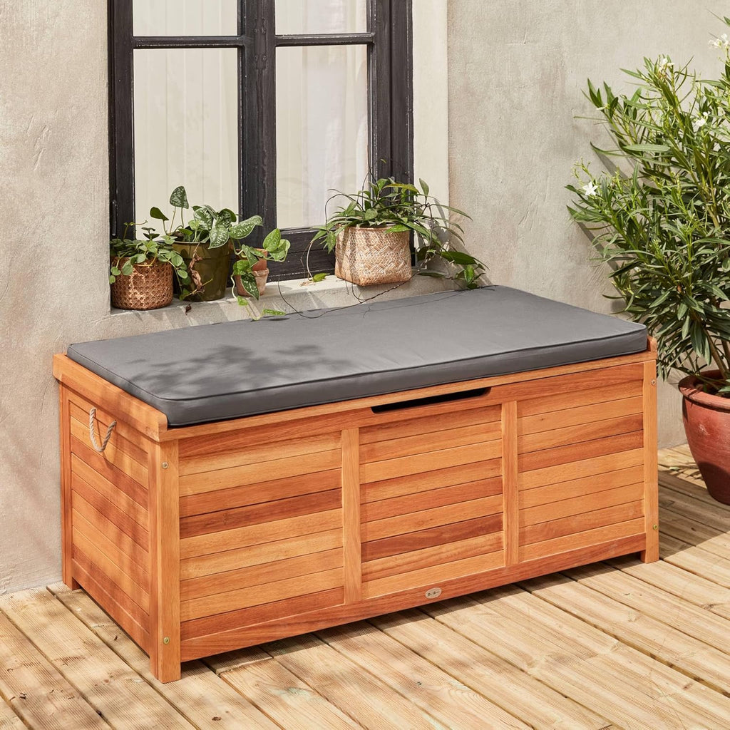 Coffre de Jardin en Bois - Caja - 125x60cm Rangement Coussins avec vérin et poignées (Gris)