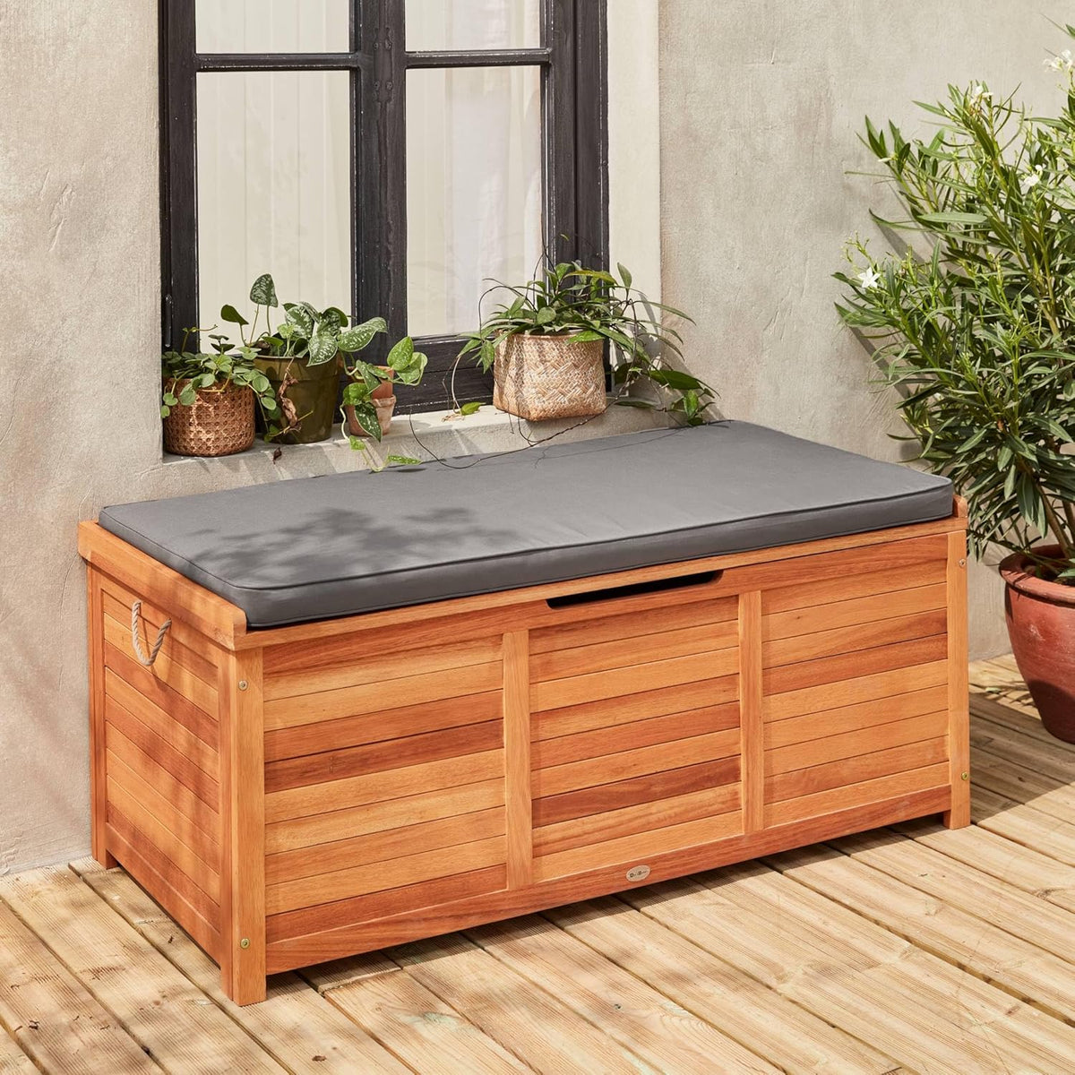Coffre de Jardin en Bois - Caja - 125x60cm Rangement Coussins avec vérin et poignées (Gris)