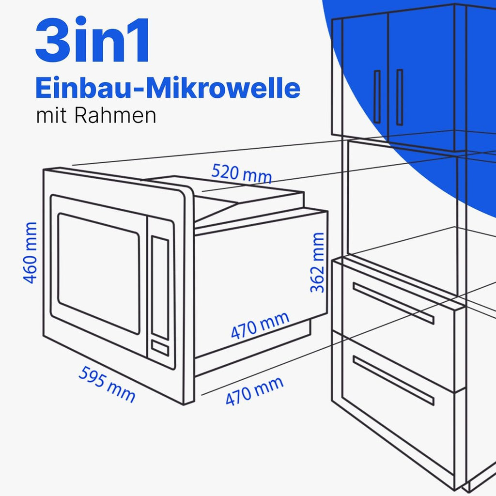 Bomann Micro-ondes encastrable 3en1 | gril et air chaud, | Microwave | 25 L | 10 programmes automatiques | grille et plateau tournant inclus (Ø 32 cm)| 900 watts | acier inoxydable | MWG 2216 H EB