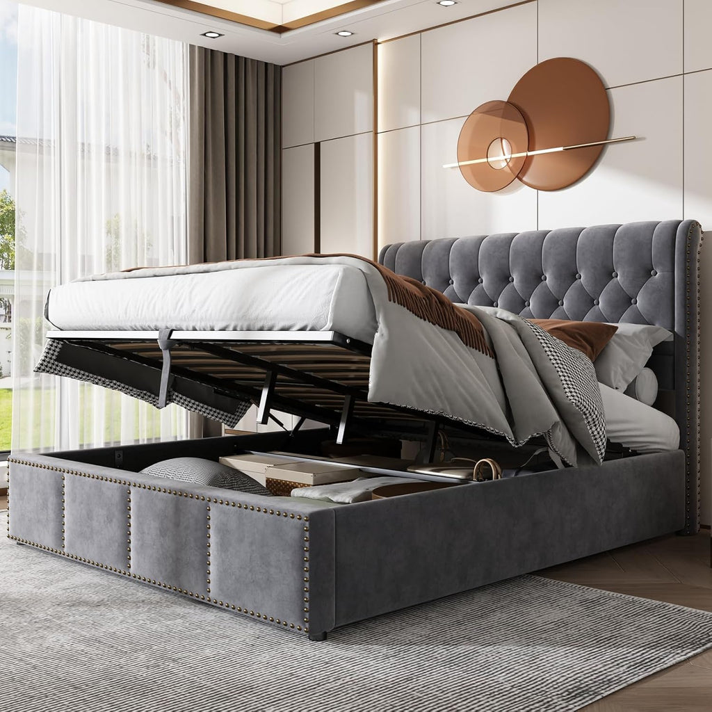 HYNHXBP Lit Double Rembourré 160x200cm, Lit Coffre avec sommier, Tête de lit en Forme d'oreiller et Espace de Rangement hydraulique, Velours Gris-B, 160 x 200 cm