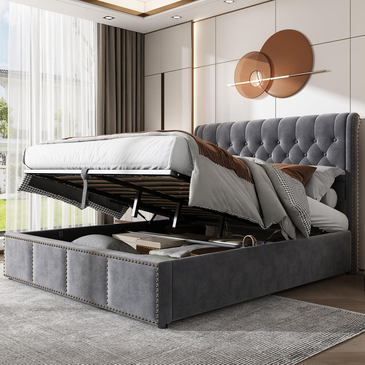 HYNHXBP Lit Double Rembourré 160x200cm, Lit Coffre avec sommier, Tête de lit en Forme d'oreiller et Espace de Rangement hydraulique, Velours Gris-B, 160 x 200 cm