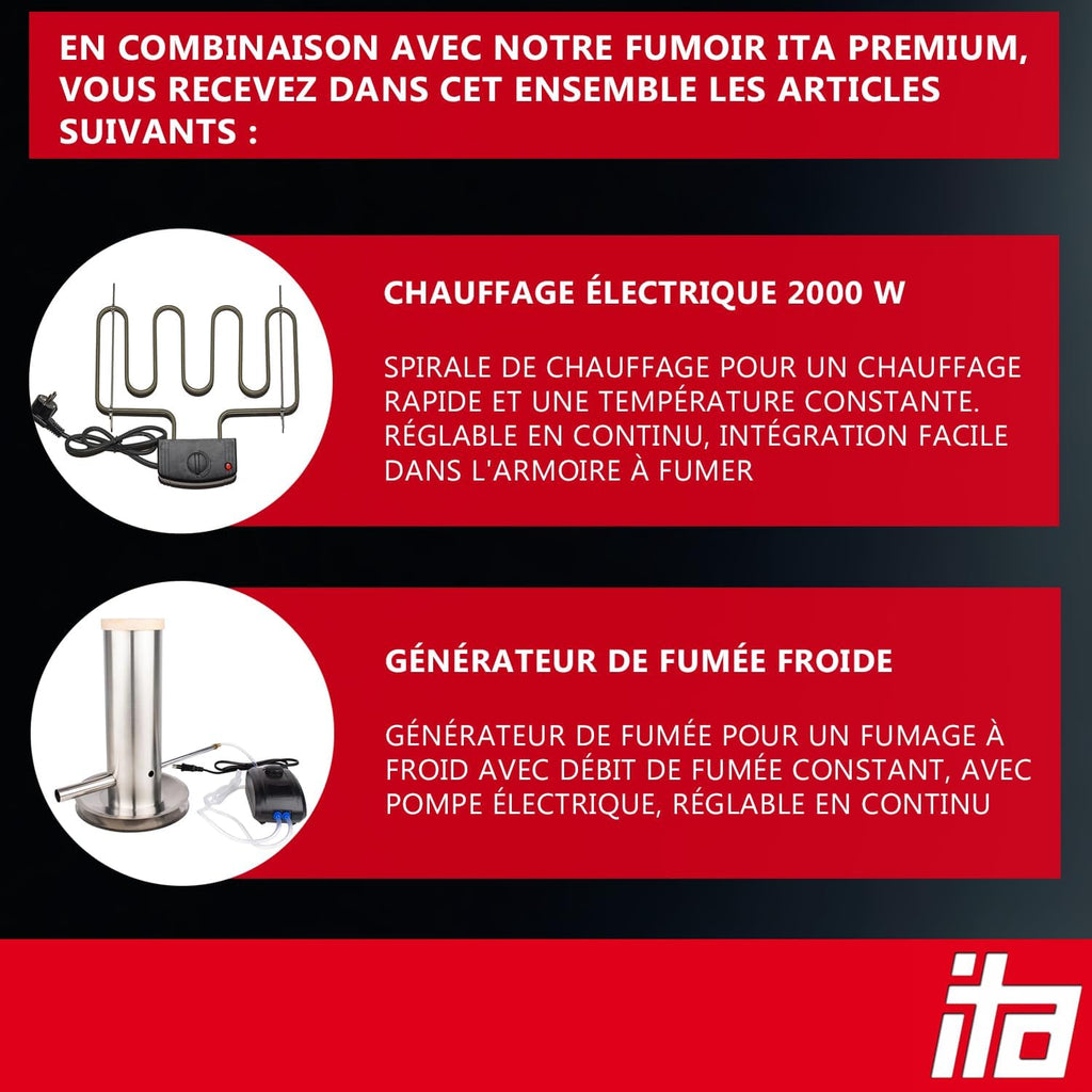 ITA Fumoir Électrique 7002 - Set Smoker avec chauffage, générateur de fumée - Armoire à fumage avec fenêtre & thermomètre - Acier inoxydable - Qualité UE, Direct fabricant - 81 cm avec 3 niveaux