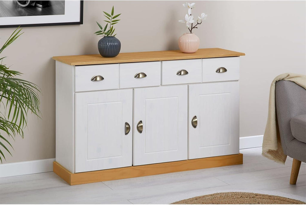 Buffet salle à manger PARIS en bois massif L 116 cm avec 3 portes battantes et 2 tiroirs spacieux, poignées coquille, meuble de rangement pratique, Structure robuste et finition élégante, blanc et bru