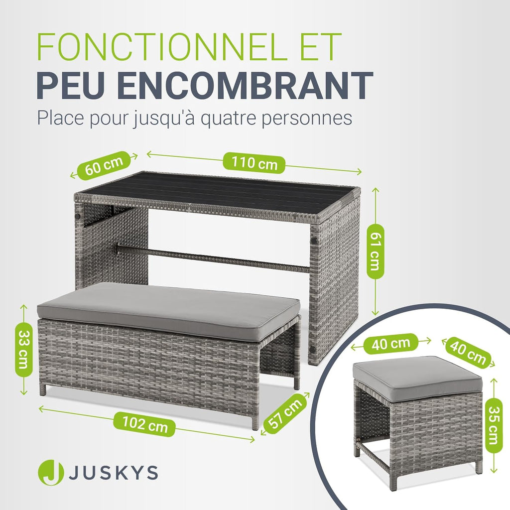 Juskys Ensemble mobilier de Jardin 2 en 1 en polyrotin Jamaika - Table, canapé Lounge - Salon de Balcon ou d’extérieur Gris chiné