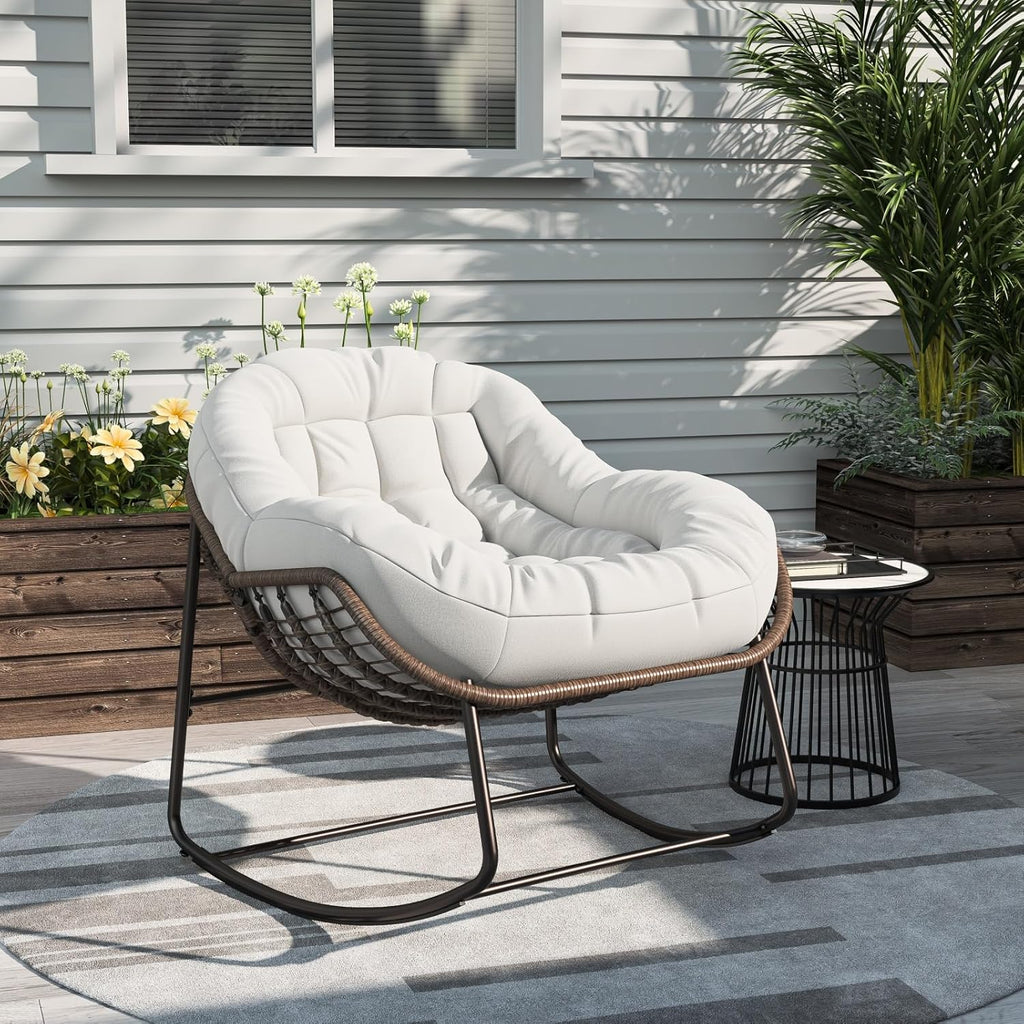 belupai Fauteuil à bascule en forme d'œuf en osier, jardin à bascule en rotin avec rembourré, chaise d'allaitement, cadre en métal, pour extérieur et intérieur, jusqu'à 113 kg beige