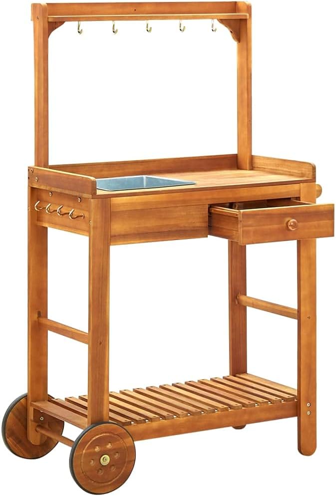 RAUGAJ Chariot de cuisine de jardin en bois d'acacia massif 92 x 43,5 x 141,5 cm, matériau de l'article : bois d'acacia massif avec finition huilée