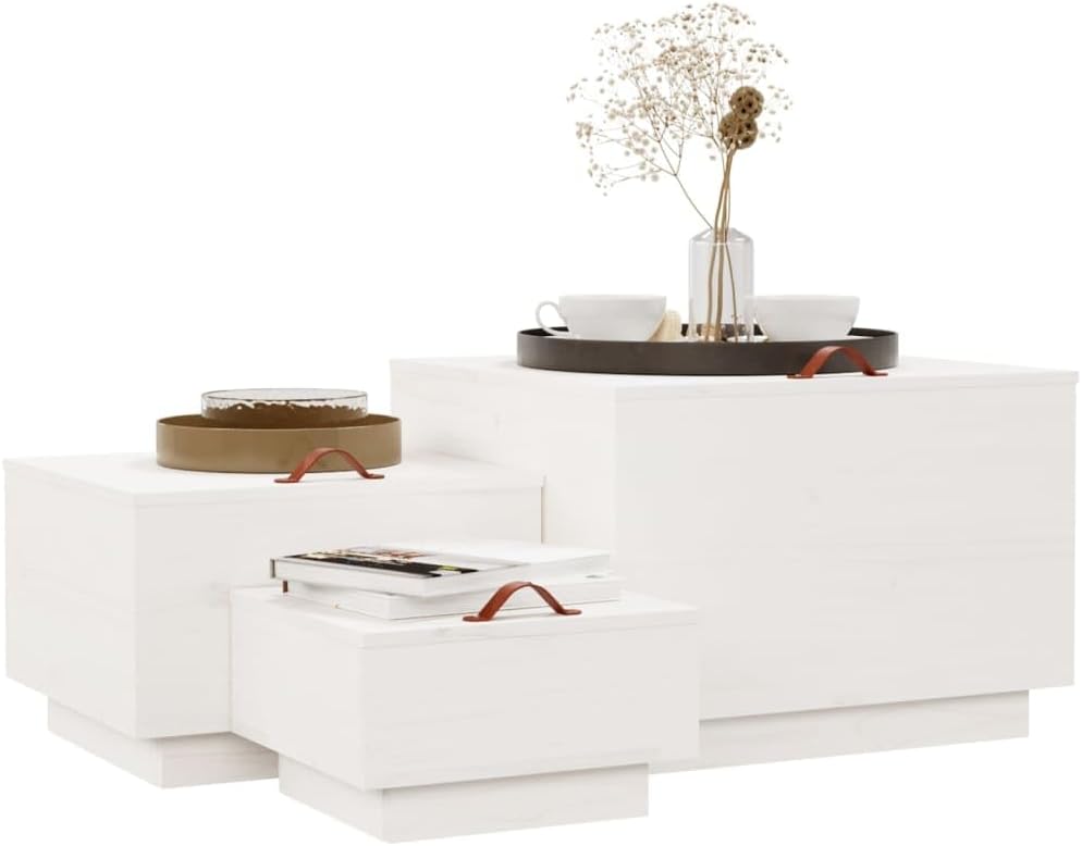 Foknhdi Lot de 3 caisses de rangement en bois de pin blanc 57 × 55 × 40/45 × 43 × 30/35 × 33 × 20 cm empilables avec poignée