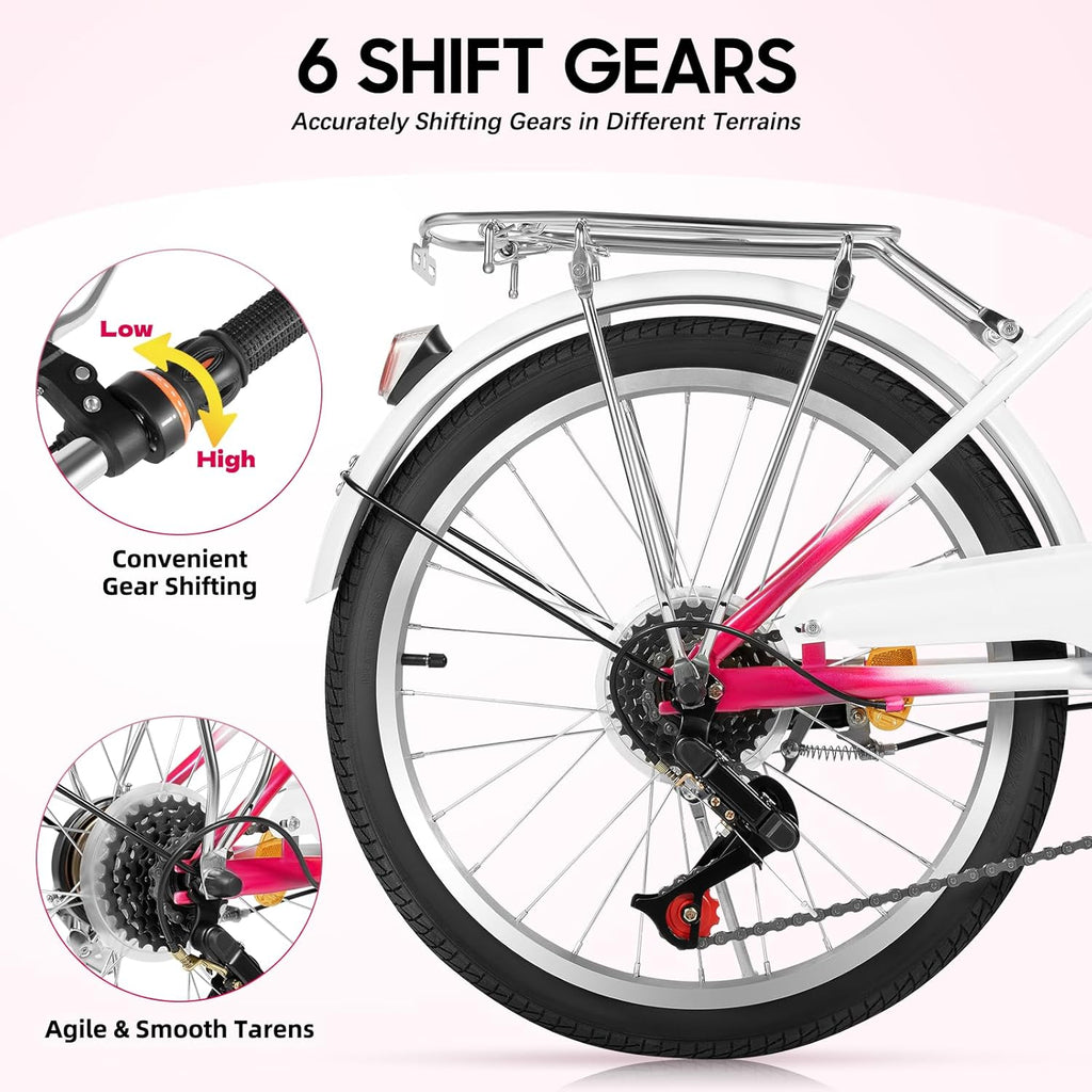 XUEMANSHOP Vélo pour enfant, 20 pouces, dérailleur à 6 vitesses, vélo pour femme avec phare, capacité de charge maximale 90 kg, pour 6, 7, 8, 9, 10 ans