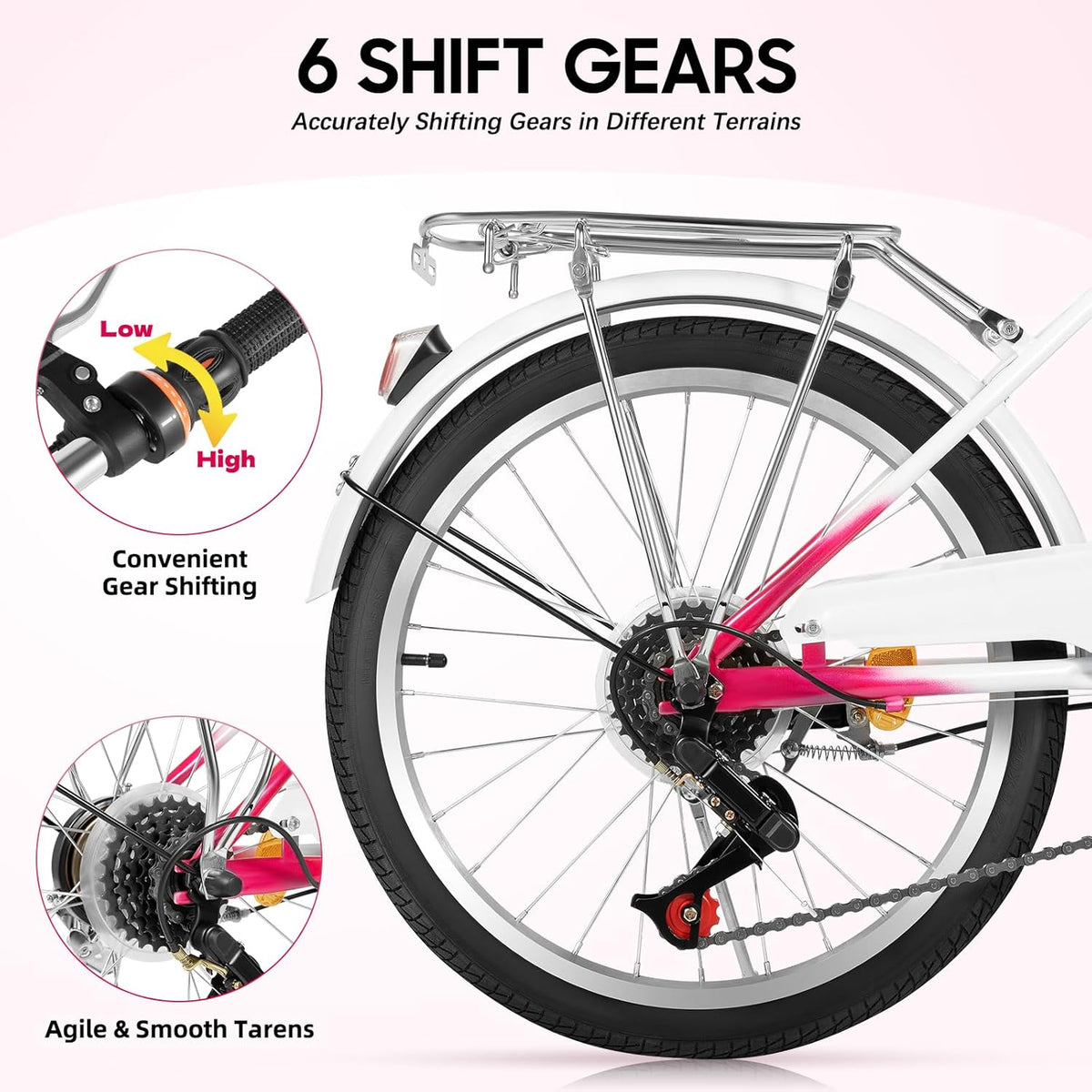 XUEMANSHOP Vélo pour enfant, 20 pouces, dérailleur à 6 vitesses, vélo pour femme avec phare, capacité de charge maximale 90 kg, pour 6, 7, 8, 9, 10 ans