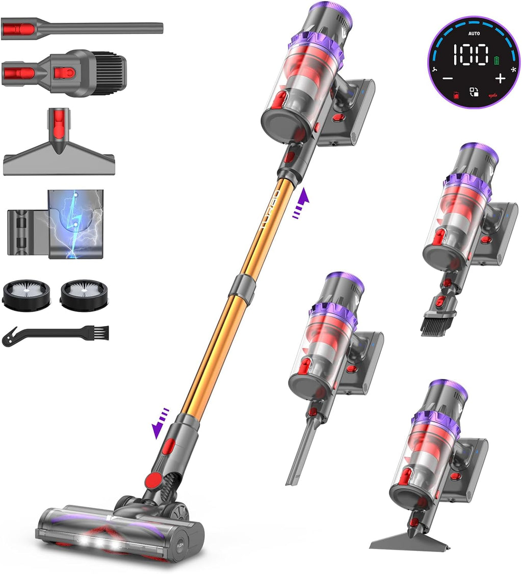 coovy SU7 Aspirateur Balai sans Fil 580W/55Kpa/75Mins, Aspirateur sans Fil Puissant, Chargement Mural, Écrans Tactiles LED, 1,3L Capacité, pour Sols Durs/Tapis/Les Poils d'animaux