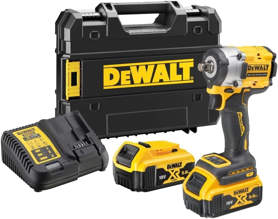 Clé Impact sans balais XR 18 V 1/2" 406 Nm avec anneau de rétention avec 2 batteries Li-Ion 5 Ah et mallette TSTAK, DCF921P2T-QW, Multicolore