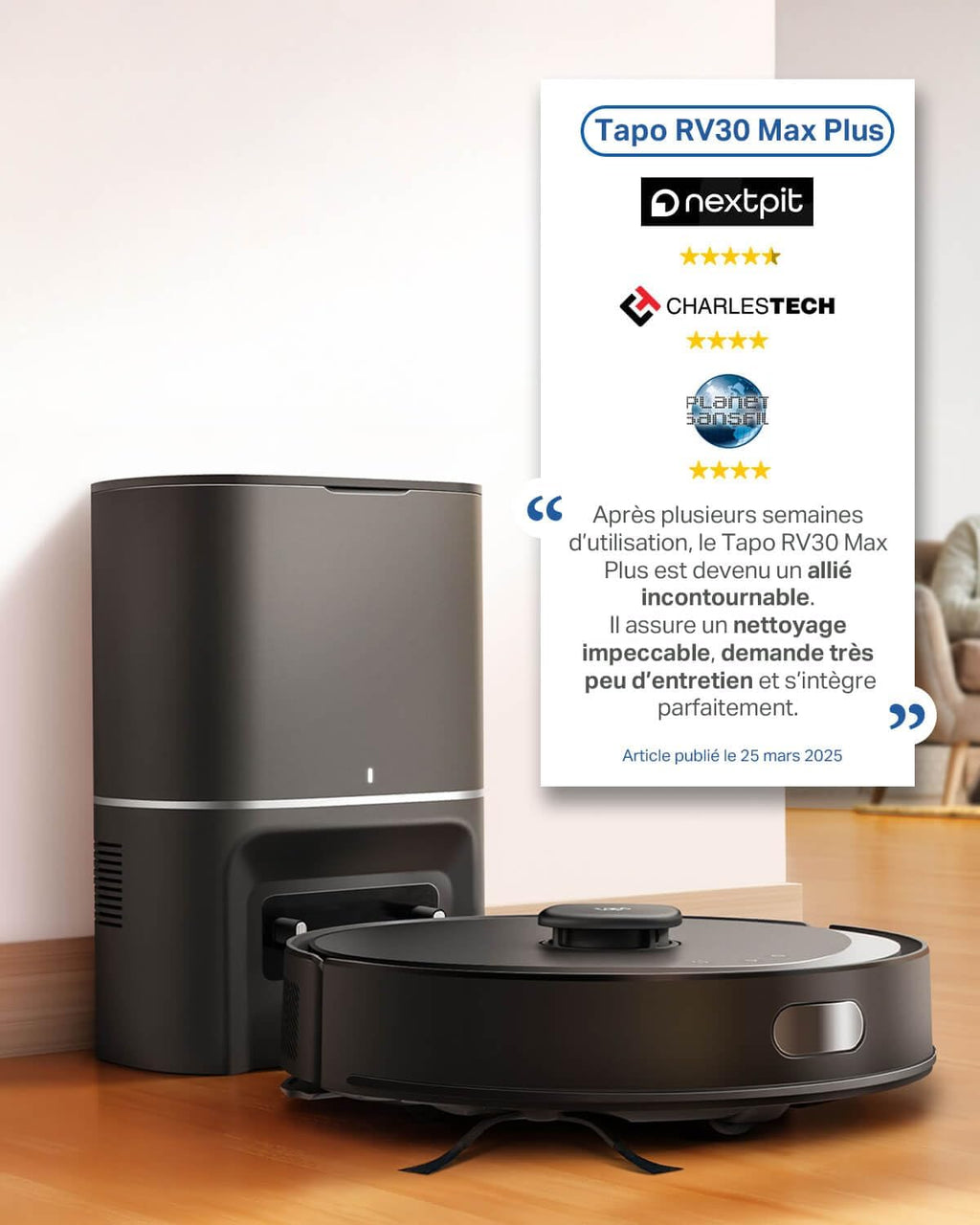 Tapo Aspirateur Robot Laveur 4 en 1 RV30Max Plus Vidage Automatique, Silencieux et Fin, Ultra puissante de 5300Pa, Navigation LiDAR, Auto-Charge Autonomie 150min, Tapis et Poils d'animaux