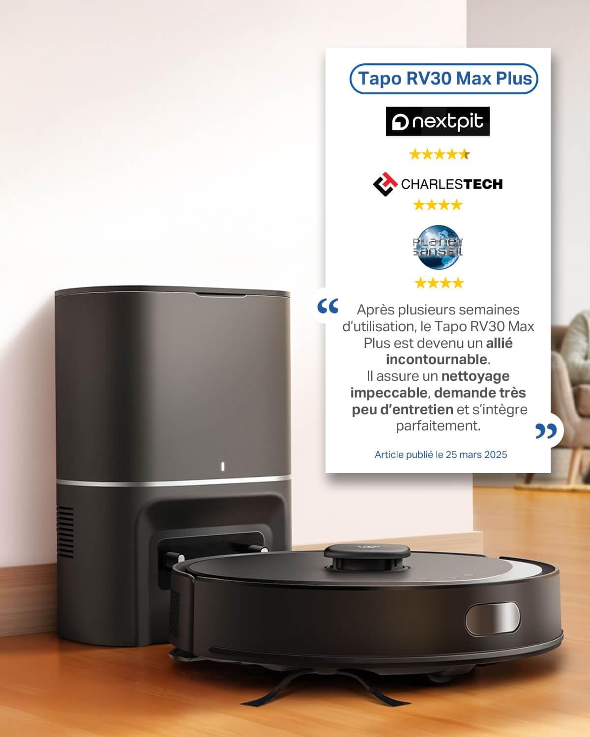 Tapo Aspirateur Robot Laveur 4 en 1 RV30Max Plus Vidage Automatique, Silencieux et Fin, Ultra puissante de 5300Pa, Navigation LiDAR, Auto-Charge Autonomie 150min, Tapis et Poils d'animaux