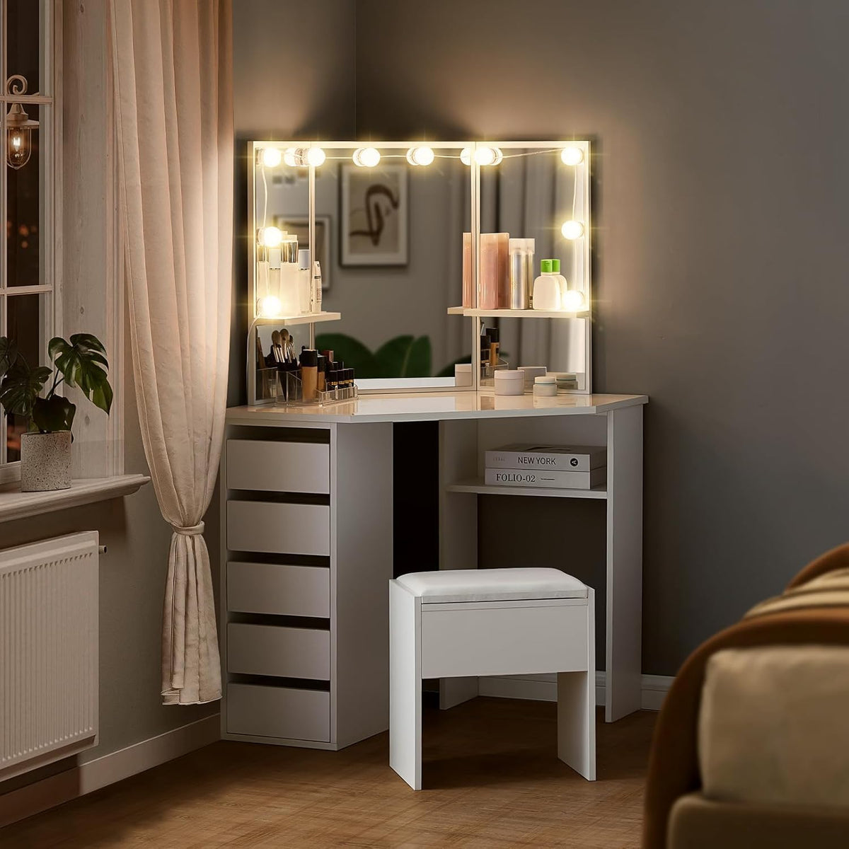 CLIPOP Coiffeuse avec Miroir LED à Luminosité Réglable et 5 Tiroirs Rangement Table de Maquillage Blanche Coiffeuse d'angle avec Tabouret Couffeuse en Bois 114 x 61 x 140 cm