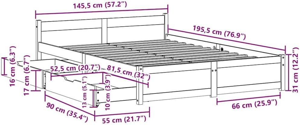 vidaXL Cadre de lit avec tiroirs 140x190 cm Bois de pin Massif, sommier, Cadre de lit Double, Cadre de lit en Bois Massif, Meuble de Chambre à Coucher