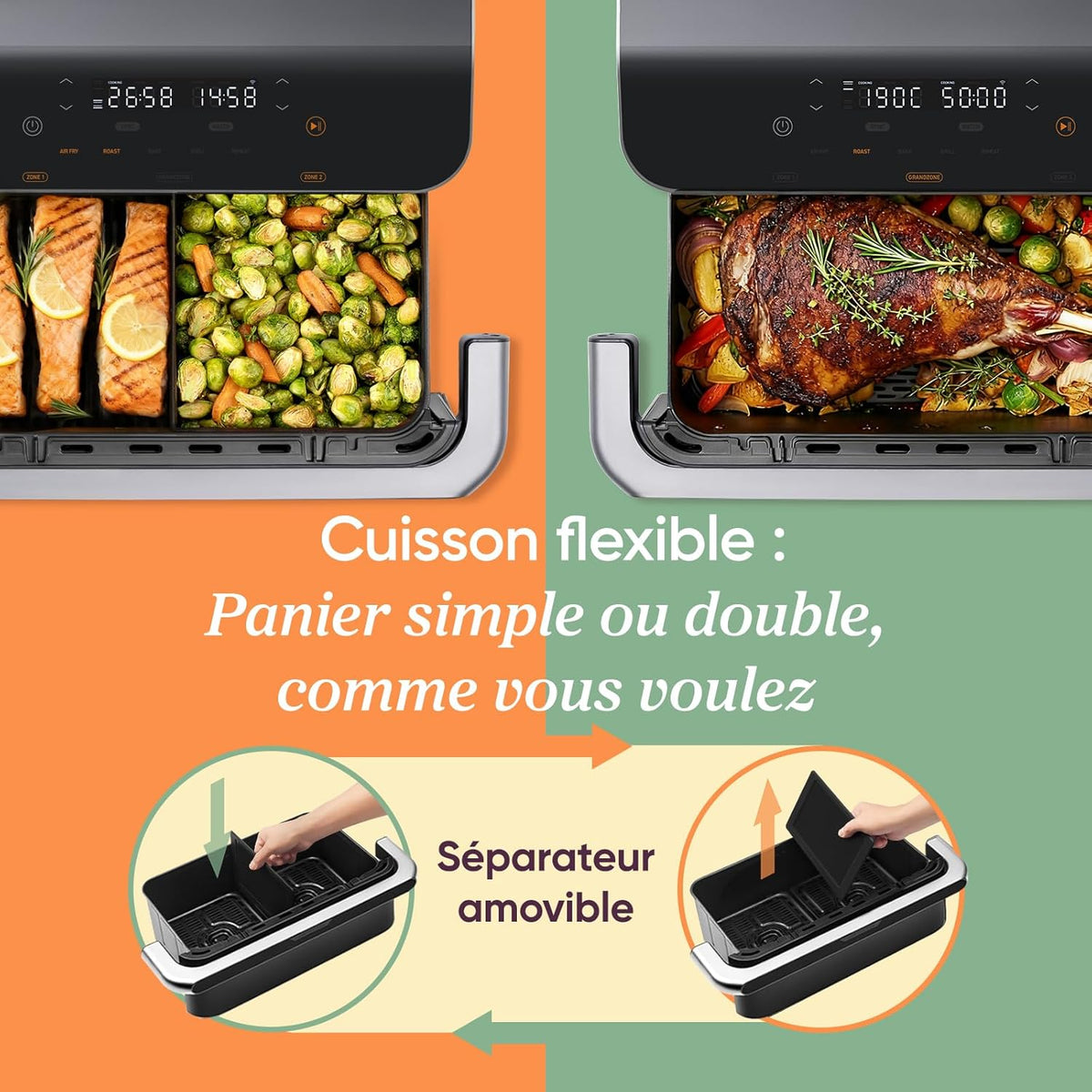 COSORI Air Fryer 10L Twinfry, Friteuse sans Huile Double Résistance, Airfryer à Dual Zone Avec Séparateur Amovible, 5-en-1, Grande Capacité, Cuisson optimale, 40C-240C, Contrôle Smart via App