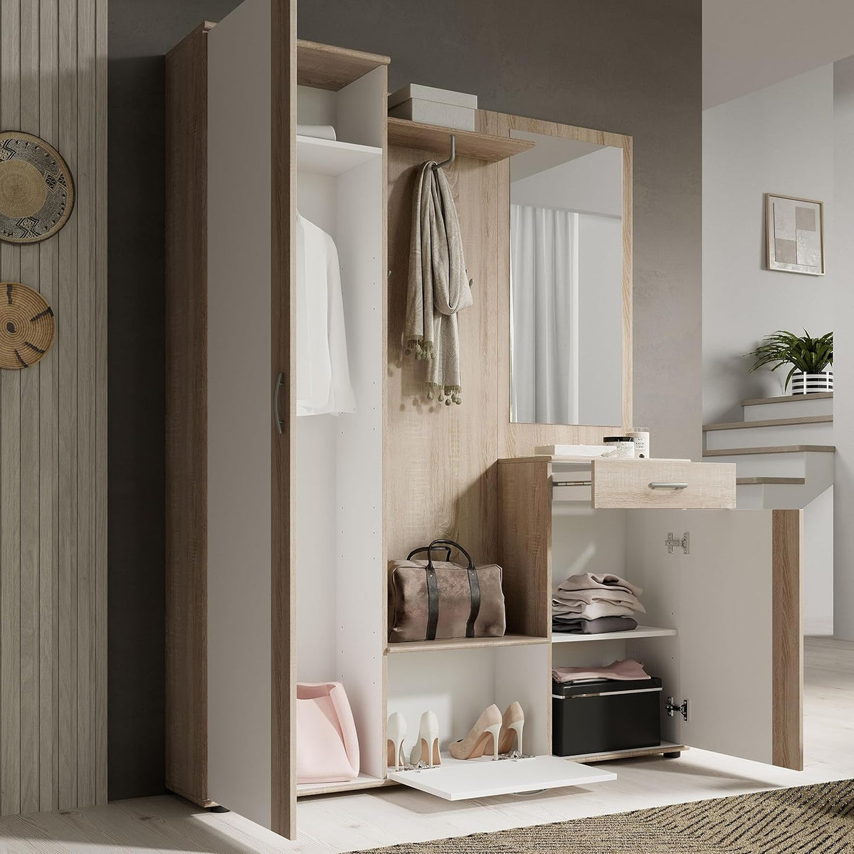 Stella Trading PATENT Ensemble de vestiaires d'entrée en aspect chêne Sonoma, blanc - Vestiaire compact stylé avec miroir pour votre entrée - 145 x 184 x 29 cm (L/H/P), marron