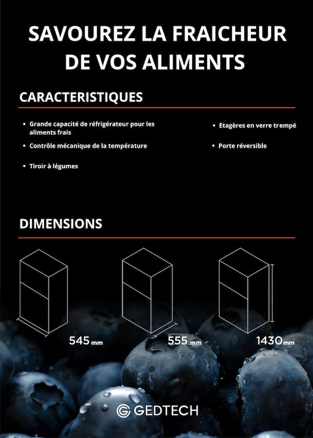 GEDTECH Refrigerateur congelateur haut - GE217DPSL Silver - capacité 217L - Classe E