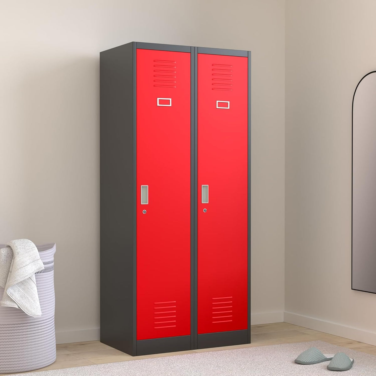 Jan Nowak Armoire Vestiaire Metallique 2B1A Casier en Métal 2 Compartiments cloison Revêtement en Poudre 180 cm x 80 cm x 50 cm (Anthracite/Rouge)