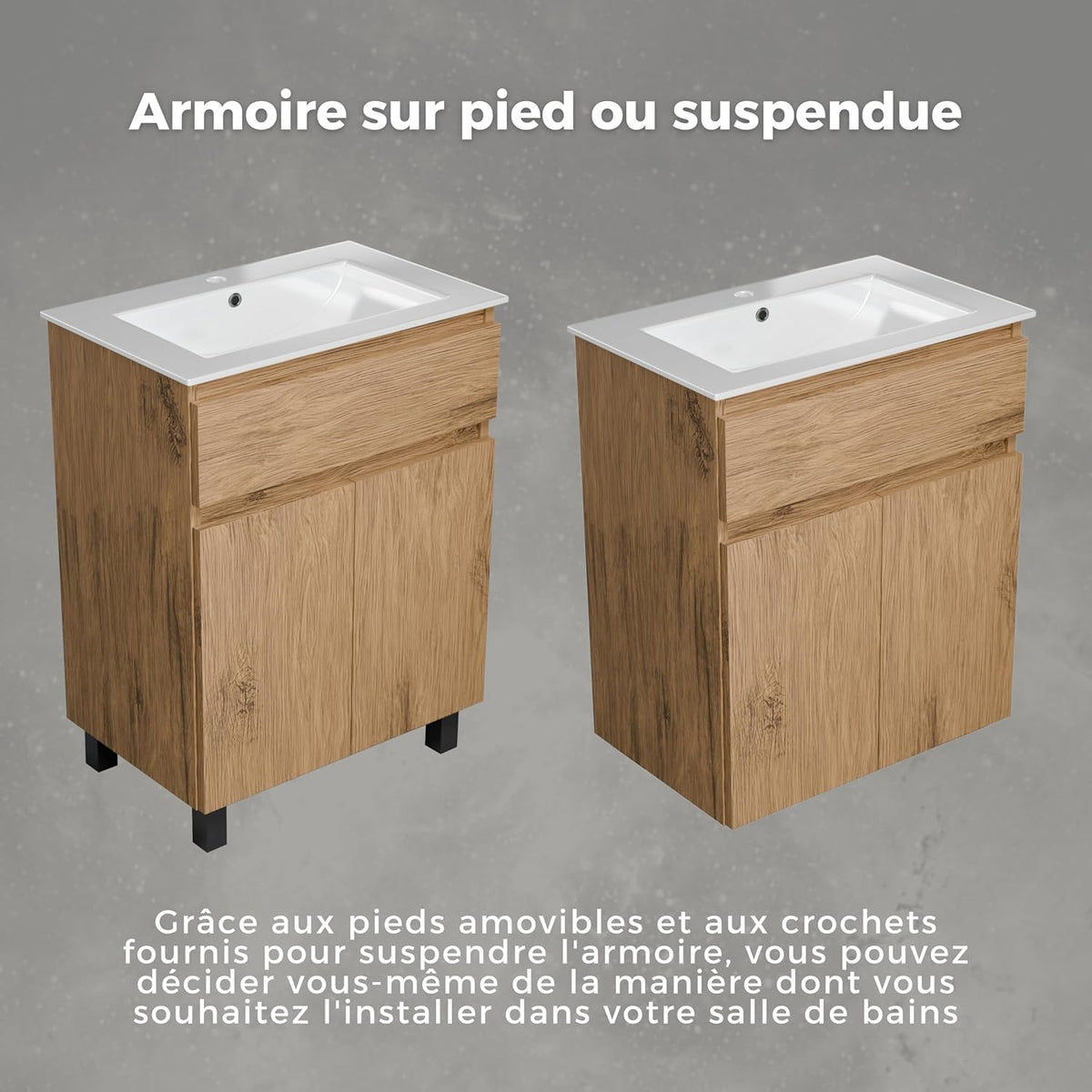 paplinskimoebel Meuble Salle de Bain 60 cm avec Vasque Ariza Sink | Meuble sous lavabo avec 1 tiroir et 2 Portes | Suspendu ou Debout | Bois Chêne