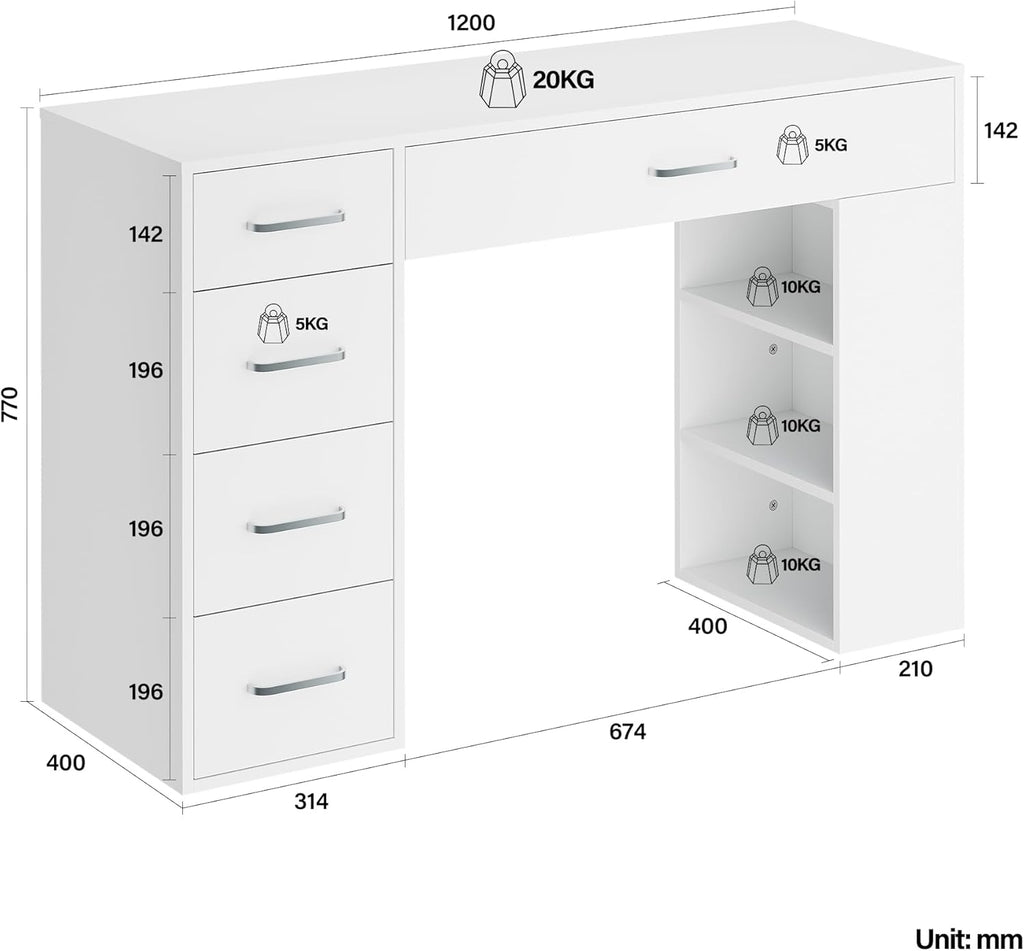 SIRHONA Coiffeuse sans Miroir, Table de Maquillage avec 5 Tiroirs Rangement, Table de Maquillage avec 6 Cloison,Blanc Bureau Coiffeuse, 120x40x77cm