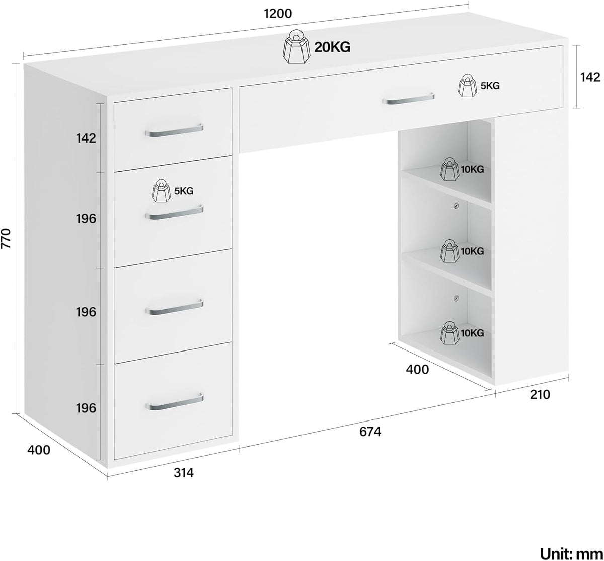 SIRHONA Coiffeuse sans Miroir, Table de Maquillage avec 5 Tiroirs Rangement, Table de Maquillage avec 6 Cloison,Blanc Bureau Coiffeuse, 120x40x77cm