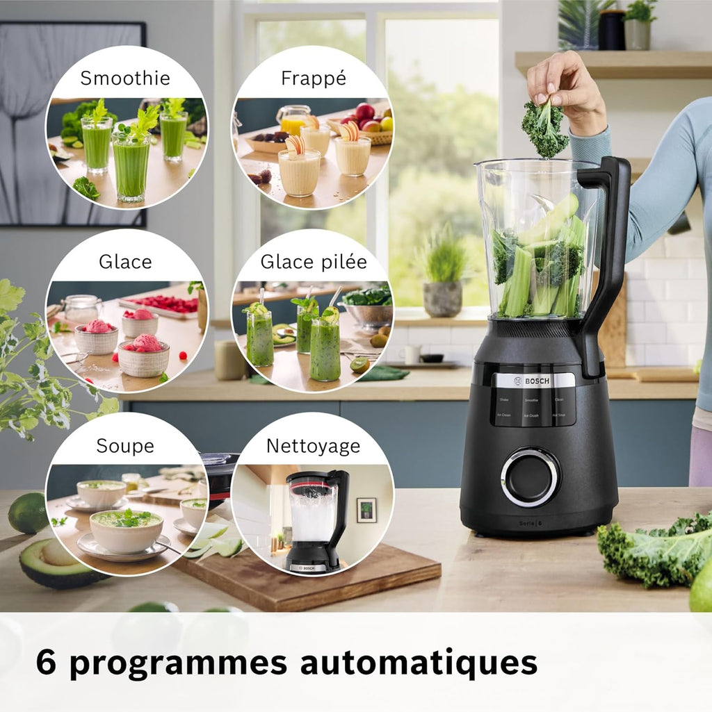 Bosch, VitaPower Série 6, blender haute performance, moteur 1800 watts, vitesse du moteur jusqu'à 45 000 tr/min, 6 programmes automatiques, bol résistant en tritan, noir, MMB6652B