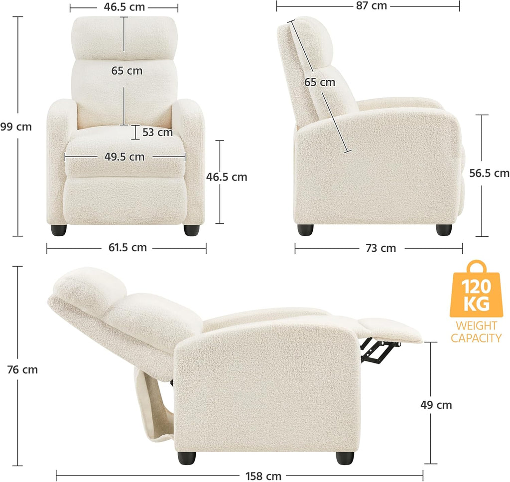 Yaheetech Fauteuil de Relaxation Chaise de Détente Siège de Canapé Fauteuil en Tissu Bouclette Doux avec Repose Pied/Chambre à Coucher/Home Cinéma/Salon Ivoire