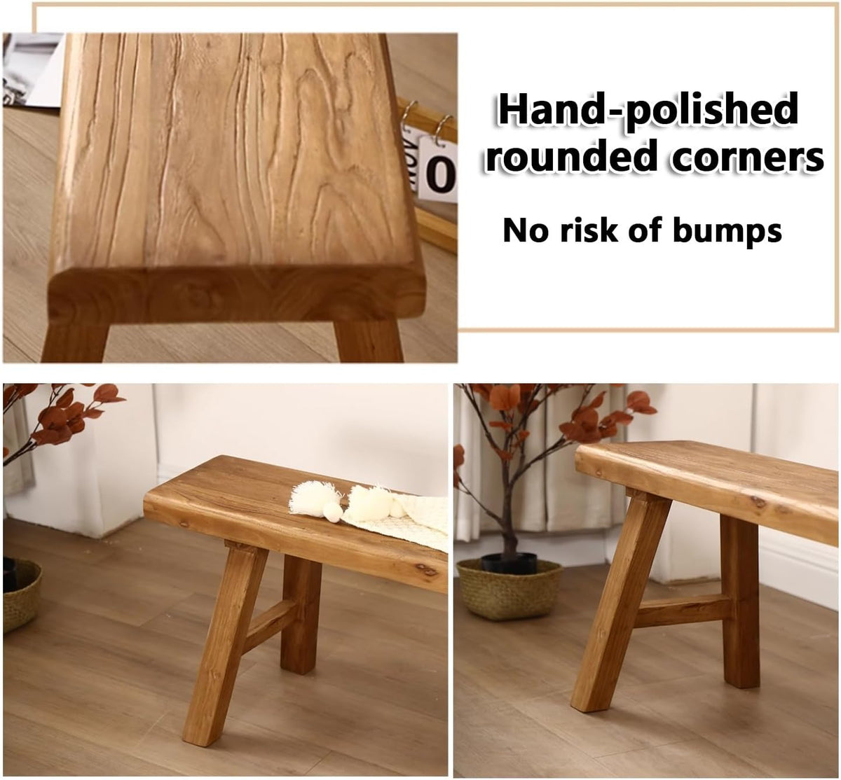 Banc en bois d'intérieur - Long banc de couloir en bois rustique massif avec capacité de 200 kg pour entrée, coin petit-déjeuner ou bout de lit
