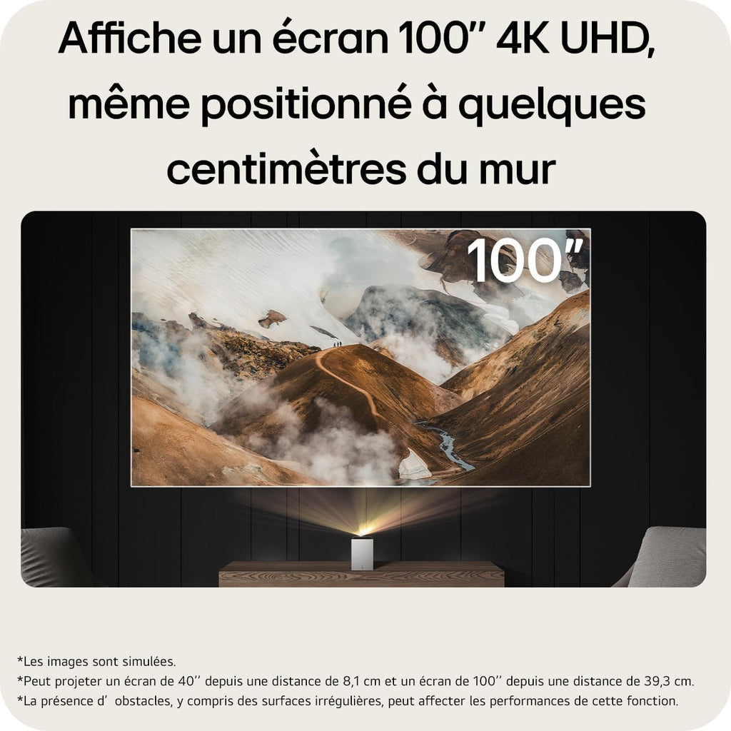 CineBeam S Vidéoprojecteur Laser PU615U Focale Ultra Courte pour Home Cinema, 500 lumens ANSI, 4K UHD 100 Pouces 2160p, Projection Entre 40" ~100", Smart webOS 24, Bluetooth 5.0, Dolby Atmos