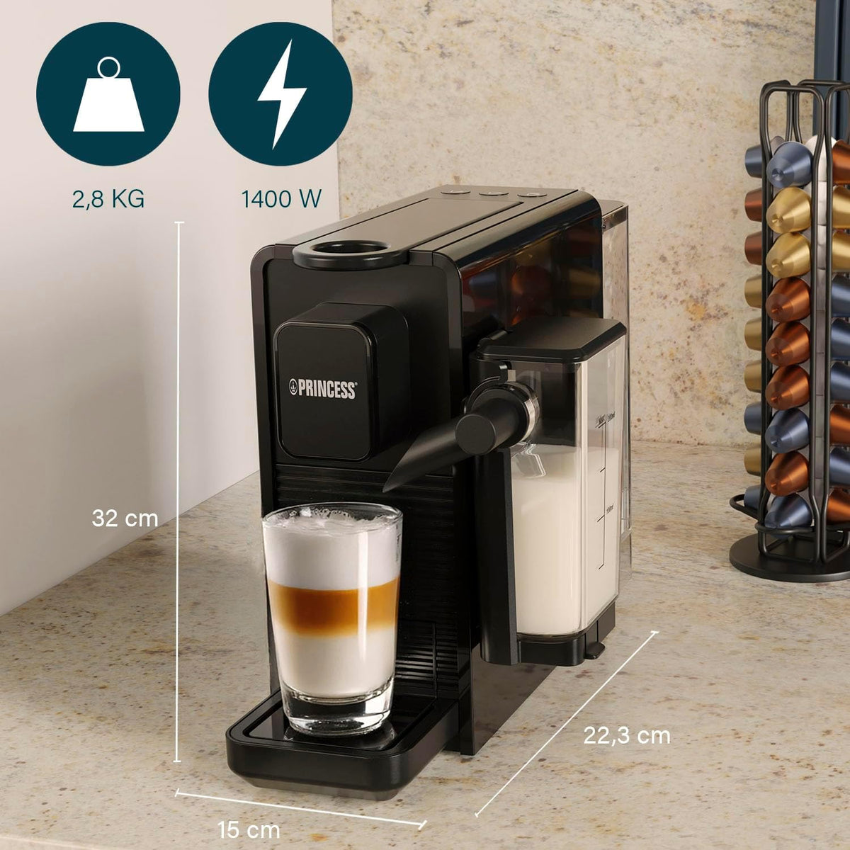 Princess Capsule and Latte Pro Machine à Café à Capsules, Compatible Nespresso, Lait Automatique, 20 Bars, 1400W, Sans BPA, Pièces Lavables, Arrêt Automatique, 01.249455.01.001
