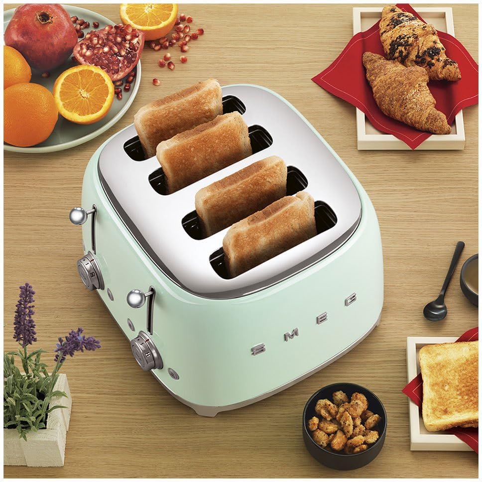 Smeg, Grille-pain 4 Tranches TSF03PGEU, 4 Fentes 36 mm, 6 Niveaux de Brunissage, Fonction Chauffage, Décongélation et Bagel, Éjection Automatique du Pain, 2 Ramasse Miettes, 2000 W, Vert Pastel