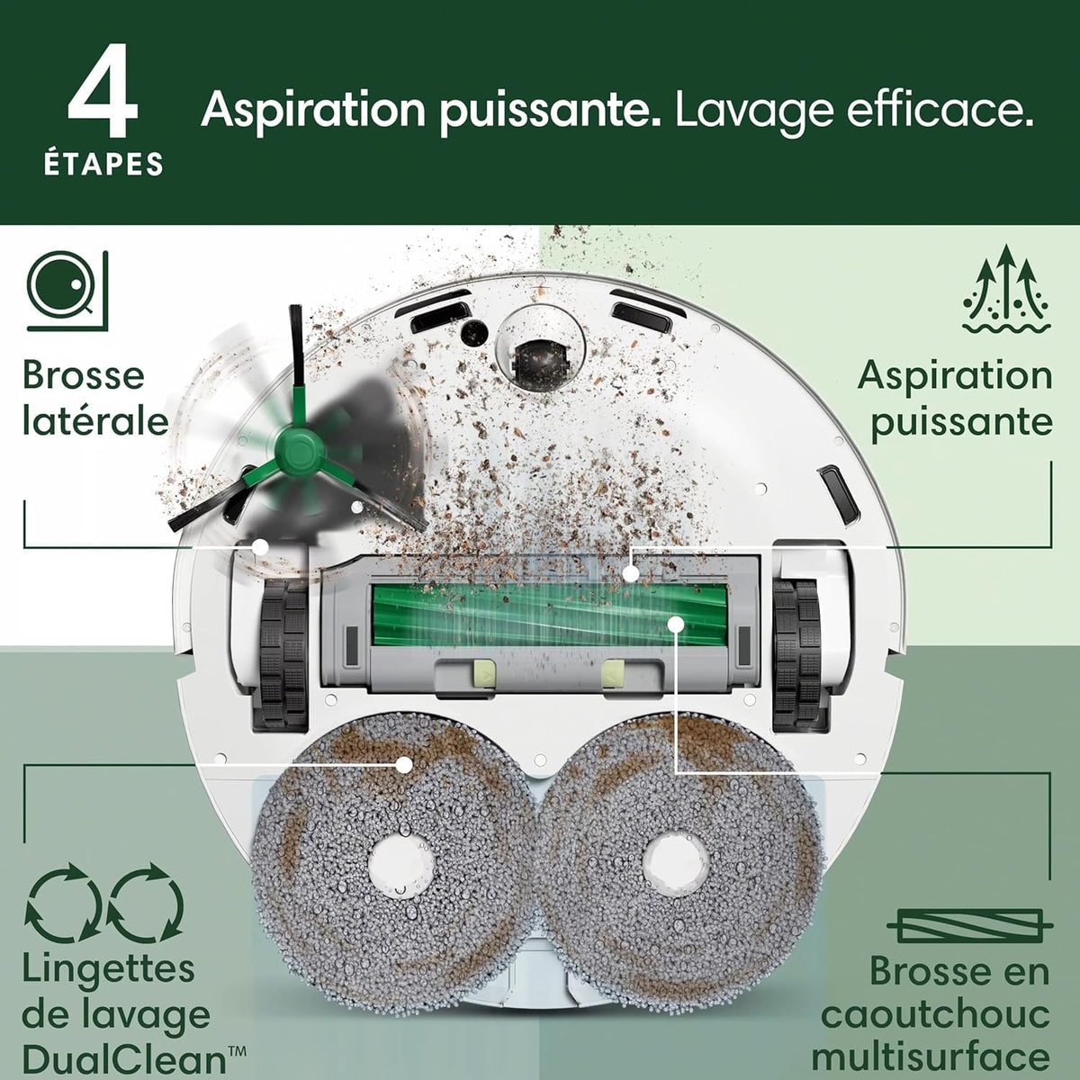 iRobot Roomba Plus 405 Combo Robot + AutoWash - Base Multifonction - Lavage et séchage des lingettes - LiDAR Clearview - 75 Jours d'autovidage - Double Lavage avec SmartScrub - Blanc
