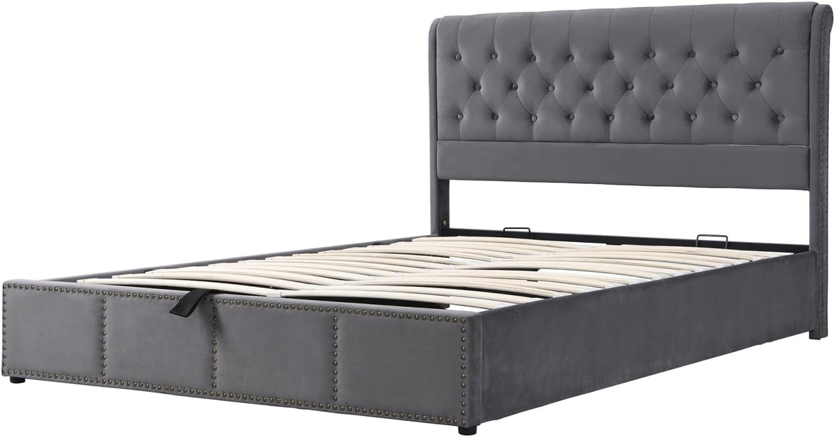 HYNHXBP Lit Double Rembourré 160x200cm, Lit Coffre avec sommier, Tête de lit en Forme d'oreiller et Espace de Rangement hydraulique, Velours Gris-B, 160 x 200 cm
