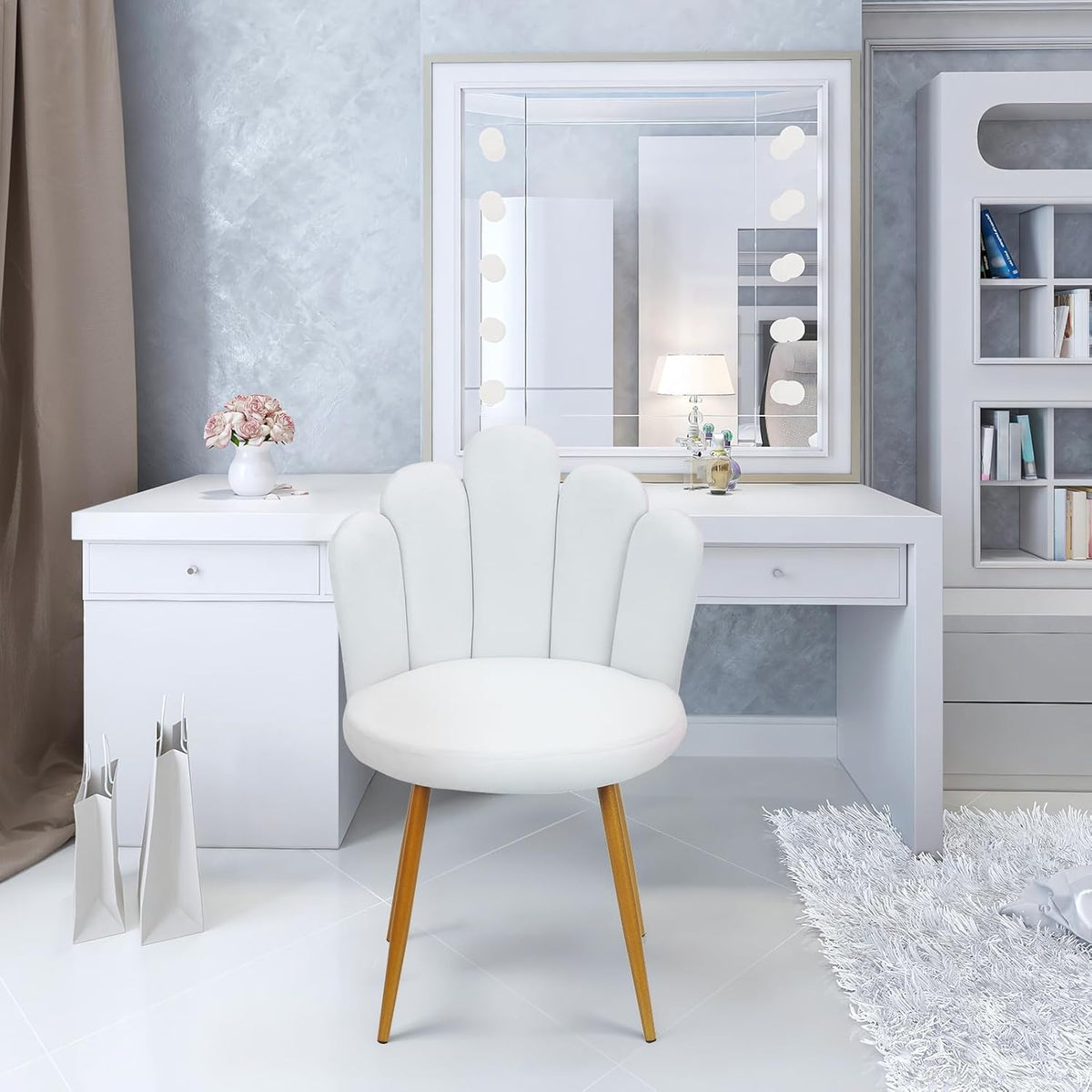 Shienfir Chaise de bureau en velours, chaise de coiffeuse avec pieds en bois, siège confortable, dossier, chaise d'appoint en forme de pétale pour salon moderne, chambre à coucher, salle à manger