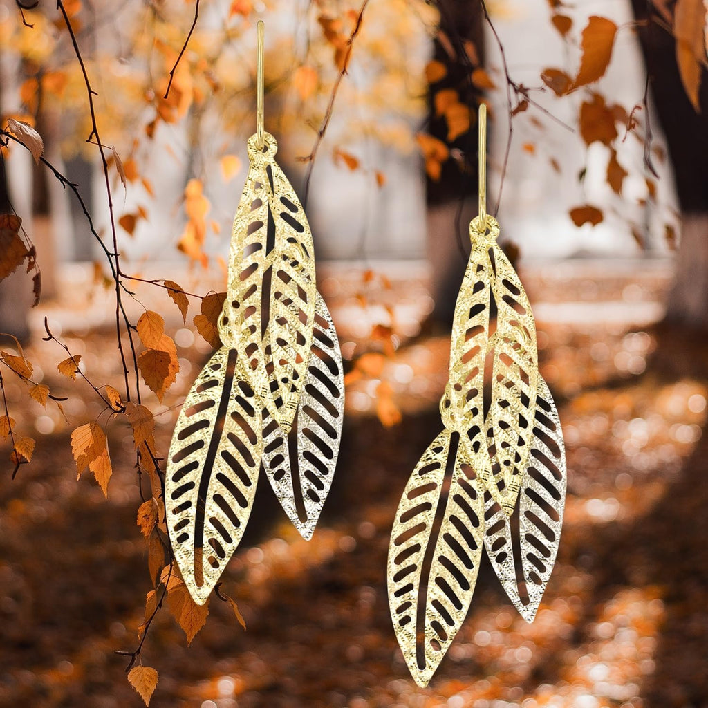 Lucchetta - Boucles d'oreilles en Or Blanc et Or Jaune 9 carats (375) avec Pendentif Feuilles - Bijoux pour Femme Élégants et Authentiques
