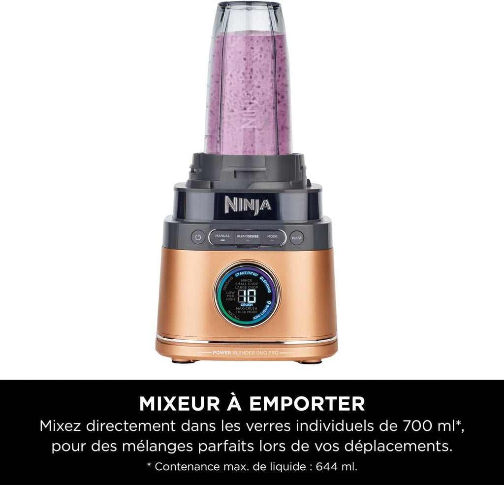 Ninja Detect Power Blender Pro et Single Serve 2-en-1, mixeur 1200W avec récipient 2L, 1 gobelets individuel, mixeur pour smoothies et boissons glacées, hachage de légumes, Noir et Cuivre, TB301EUCP