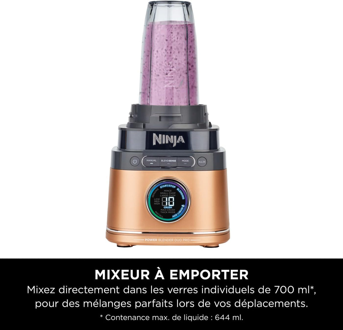 Ninja Detect Power Blender Pro et Single Serve 2-en-1, mixeur 1200W avec récipient 2L, 1 gobelets individuel, mixeur pour smoothies et boissons glacées, hachage de légumes, Noir et Cuivre, TB301EUCP