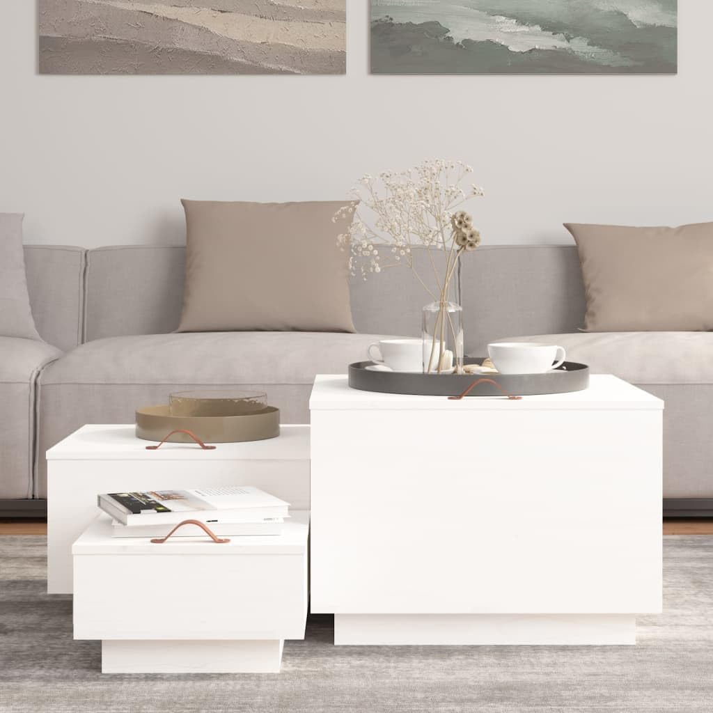 Foknhdi Lot de 3 caisses de rangement en bois de pin blanc 57 × 55 × 40/45 × 43 × 30/35 × 33 × 20 cm empilables avec poignée