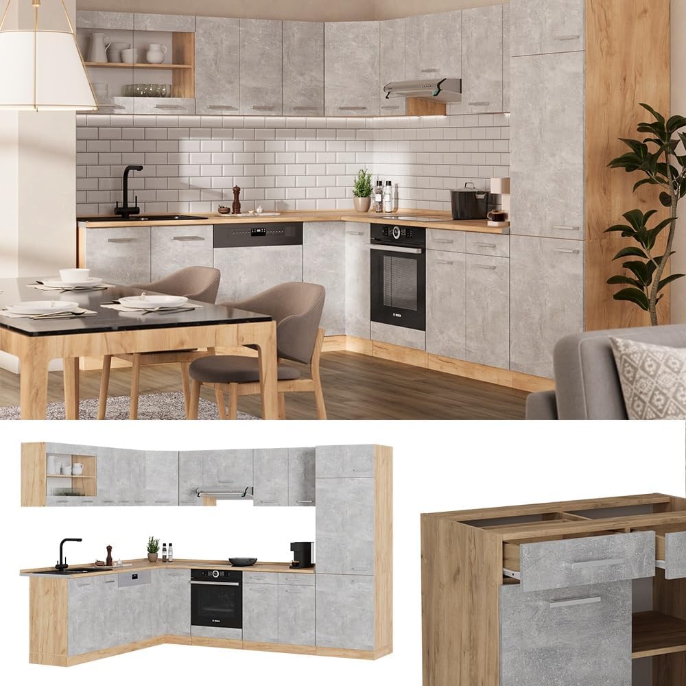 Vicco Cuisine en Angle R-Line, Béton/Force d'or Chêne, 227x287cm, PT Anthracite